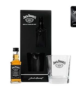 Jack Daniels Gifts – Official Licensed Jack Daniel’s Old No. 7 Tennessee Whiskey 5cl Miniature and Whisky Glass Rock Tumbler – Whiskey Gift Sets For Men and Perfect Fathers Day Gifts